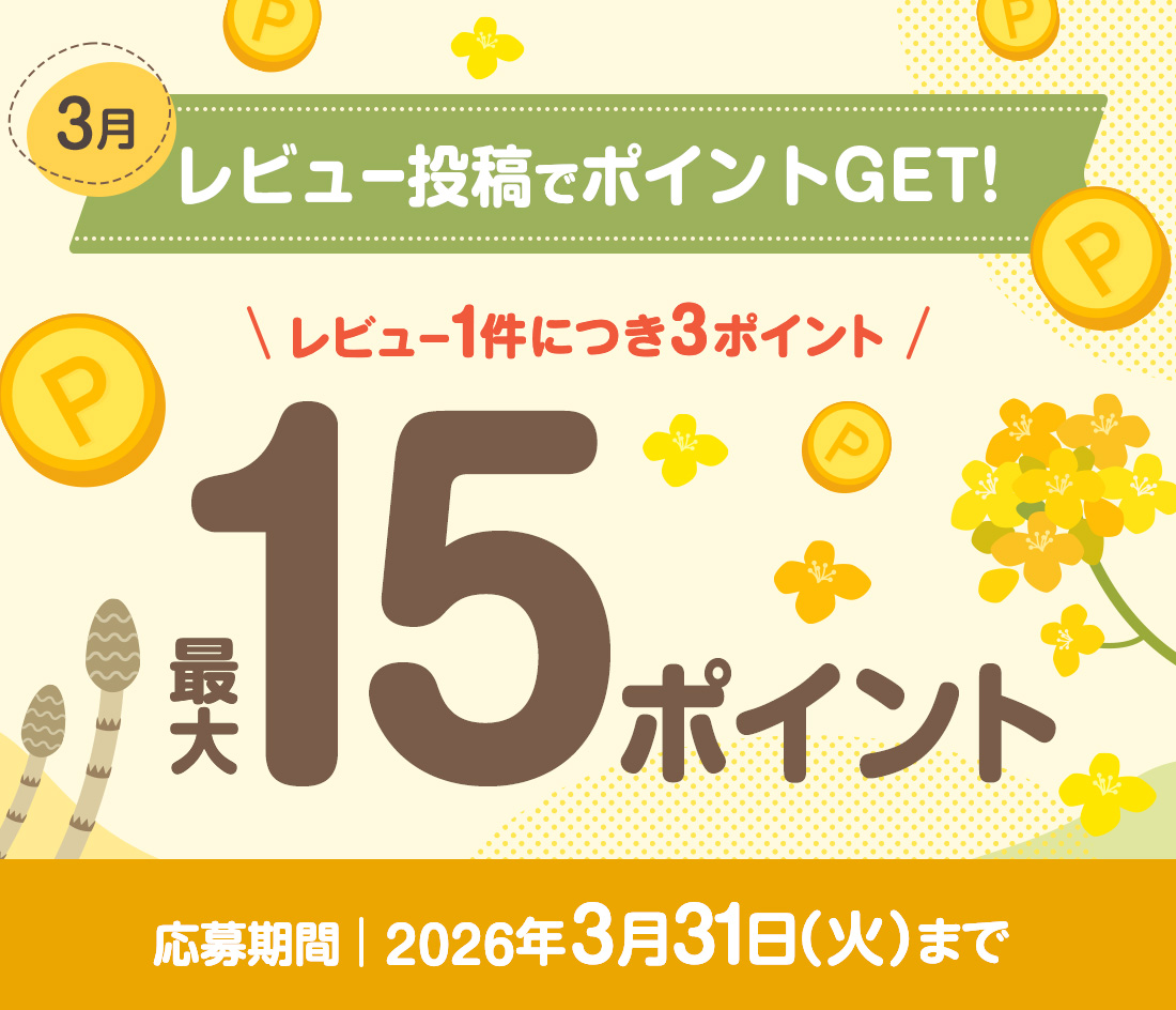 1月 レビュー投稿でポイントGET! レビュー1件につき3ポイント 最大15ポイント 応募期間：2026年3月31日（火）まで